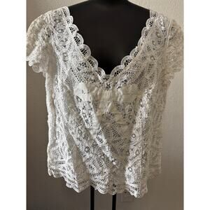 Anne Carson Linen Blend Blouse Top Womens 10 White Battenburg Lace Cap Sleeve